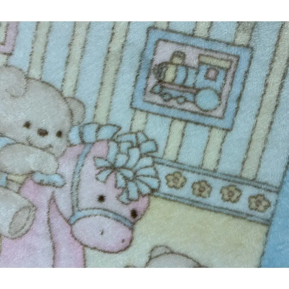 Casa Imports Baby Blanket Acrylic Plush Blue Pastel Bear Rocking Horse Spain VTG